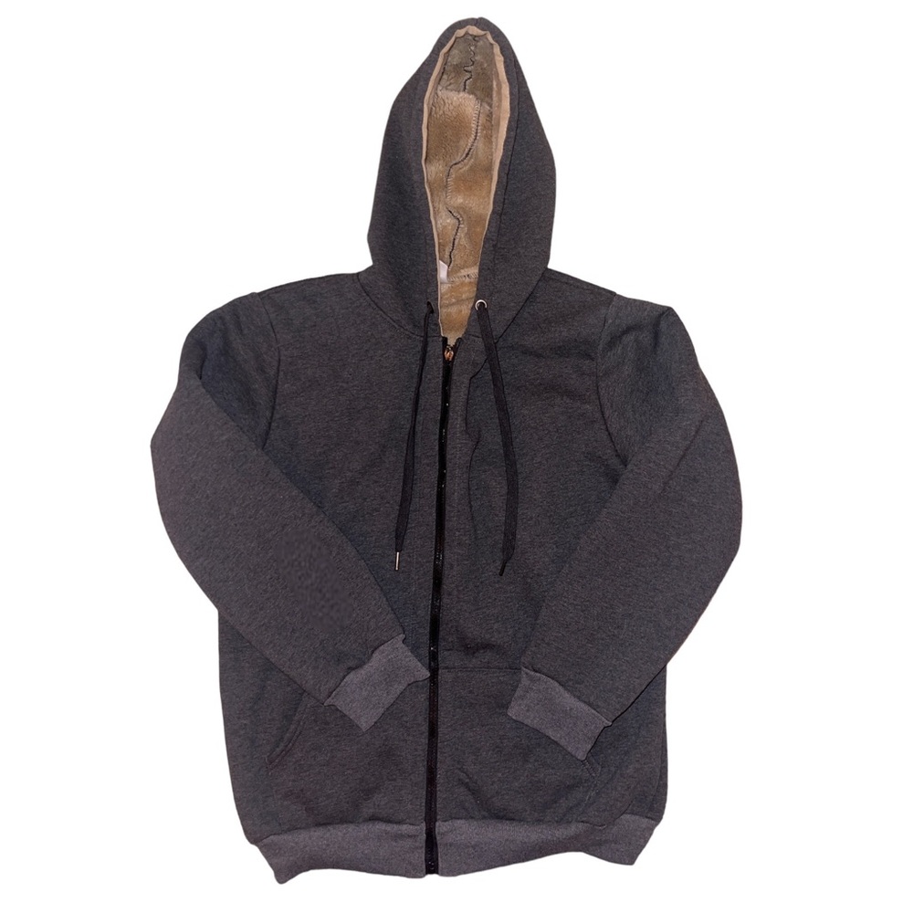 Nordic Fleece grey full zip hoodie brown fuzzy sherpa lined inside hoodie XL